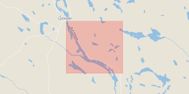 Karta som med röd fyrkant ramar in Storvägen, Vindeln, Umevägen, Hällan, Lycksele, Tegsnäset, Västerbottens län
