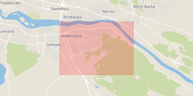 Karta som med röd fyrkant ramar in Anderstorp, Ishockeyplan, Skellefteå, Västerbottens län