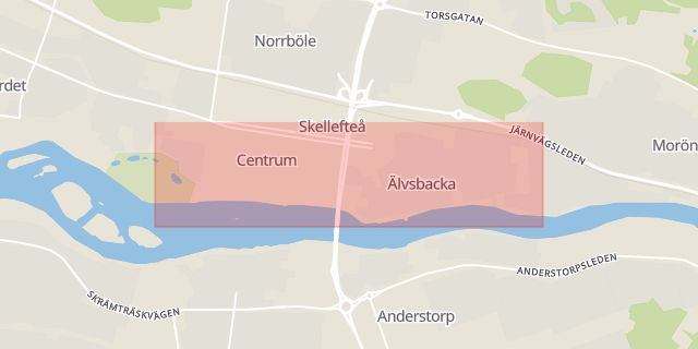 Karta som med röd fyrkant ramar in Storgatan, Skellefteå, Västerbottens län