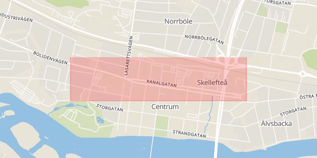 Karta som med röd fyrkant ramar in Kanalgatan, Skellefteå, Västerbottens län