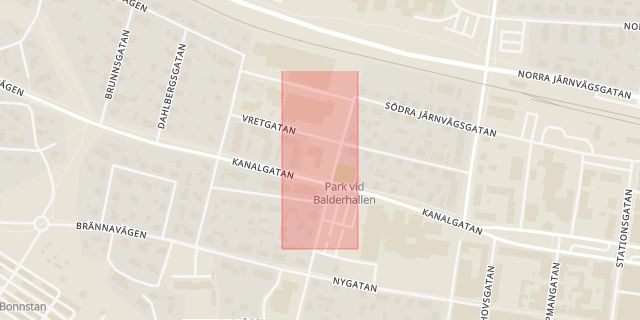 Karta som med röd fyrkant ramar in Kanalgatan, Torggatan, Skellefteå, Västerbottens län