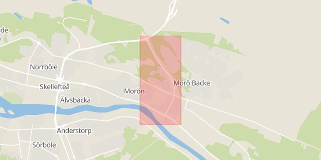 Karta som med röd fyrkant ramar in Skellefteå, Höjdgatan, Morö Backe, Åsele, Varuträsk, Östra Leden, Norrstrandsvägen, Högsta, Västerbottens län