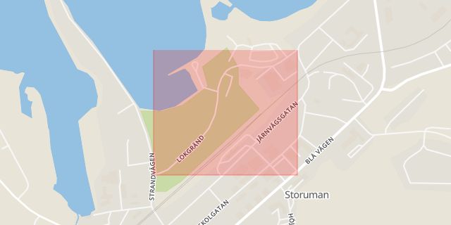 Karta som med röd fyrkant ramar in Lokgränd, Storuman, Västerbottens län