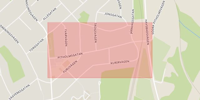 Karta som med röd fyrkant ramar in Pitholmsgatan, Hemlunda, Piteå, Norrbottens län