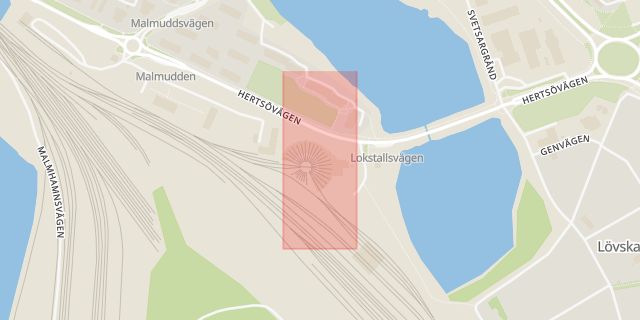 Karta som med röd fyrkant ramar in Hertsövägen, Lerbäcksvägen, Lerbäcken, Luleå, Norrbottens län
