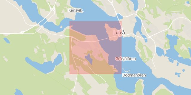 Karta som med röd fyrkant ramar in Bergnäset, Norrbotten, Luleå, Norrbottens län