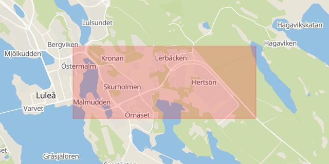 Karta som med röd fyrkant ramar in Hertsön, Hertsövägen, Luleå, Norrbottens län