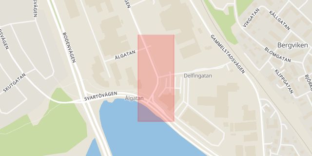 Karta som med röd fyrkant ramar in Delfingatan, Midgårdsvägen, Luleå, Kalix, Morjärv, Norrbottens län