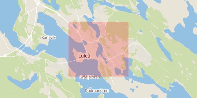 Karta som med röd fyrkant ramar in Innerstaden, Luleå, Norrbottens län