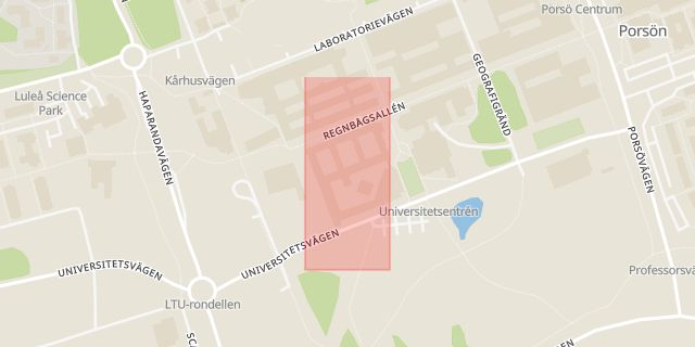 Karta som med röd fyrkant ramar in Porsön, Universitetsområdet, Luleå, Norrbottens län