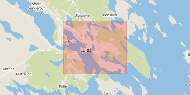 Karta som med röd fyrkant ramar in Pajala, Råneå, Sinksundet, Luleå, Norrbottens län