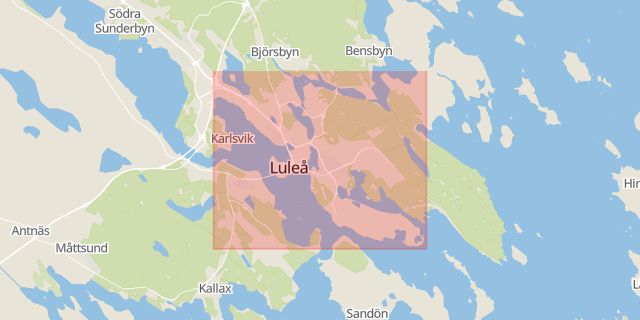 Karta som med röd fyrkant ramar in Luleå, Kiruna, Boden, Norrbottens län