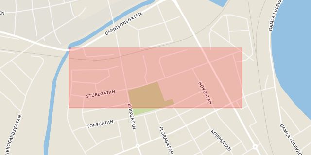 Karta som med röd fyrkant ramar in Sturegatan, Bryggaregatan, Boden, Norrbottens län
