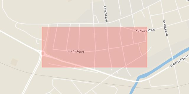 Karta som med röd fyrkant ramar in Garnisonsgatan, Ringvägen, Boden, Norrbottens län