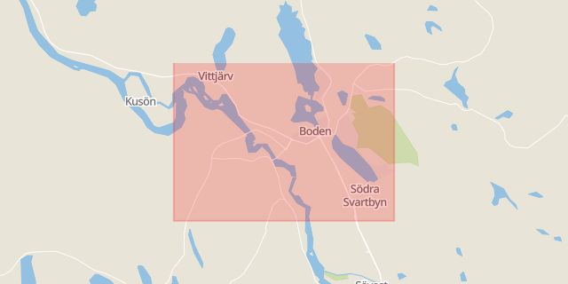Karta som med röd fyrkant ramar in Bredåker, Skjutfält, Hakkas, Gällivare, Boden, Norrbottens län