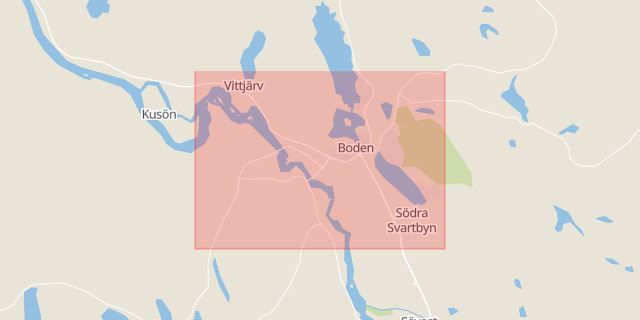 Karta som med röd fyrkant ramar in Norrbotten, Boden, Vittjärv, Gällivare, Cellulosavägen, Älvsbyn, Västermalm, Högsta, Norrbottens län