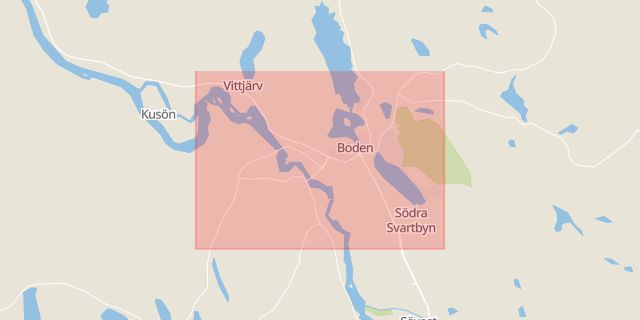 Karta som med röd fyrkant ramar in Norrbotten, Boden, Norrbottens län