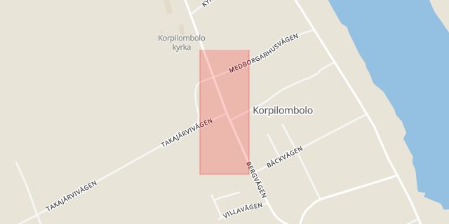 Karta som med röd fyrkant ramar in Korpilombolo, Pajala, Norrbottens län