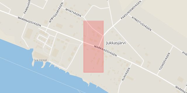 Karta som med röd fyrkant ramar in Jukkasjärvi, Kiruna, Västra Kyrkallén, Gällivare, Sommarvägen, Norrbottens län