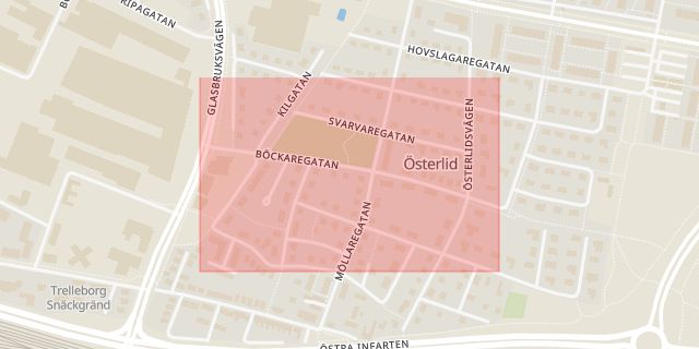 Karta som med röd fyrkant ramar in Böckaregatan, Trelleborg, Skåne län