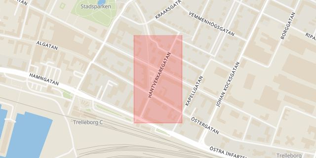 Karta som med röd fyrkant ramar in Klagstorp, Hantverksgatan, Trelleborg, Skåne län