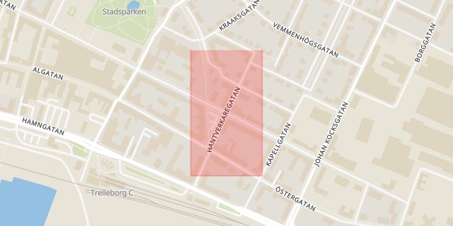 Karta som med röd fyrkant ramar in Nygatan, Hantverkaregatan, Trelleborg, Skåne län