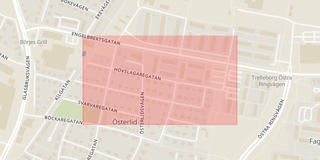 Karta som med röd fyrkant ramar in Hovslagaregatan, Trelleborg, Skåne län