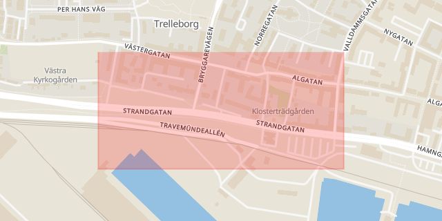Karta som med röd fyrkant ramar in Strandgatan, Trelleborg, Skåne län