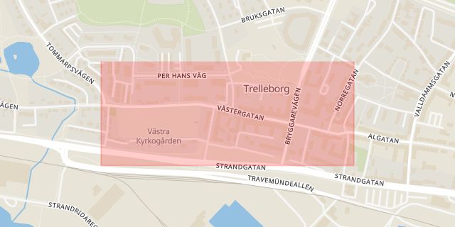 Karta som med röd fyrkant ramar in Västergatan, Trelleborg, Skåne län