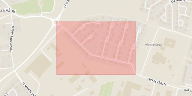 Karta som med röd fyrkant ramar in Virkesvägen, Trelleborg, Skåne län
