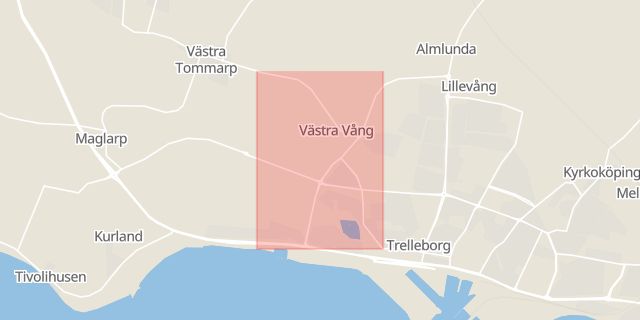Karta som med röd fyrkant ramar in Tommarpsvägen, Trelleborg, Skåne län