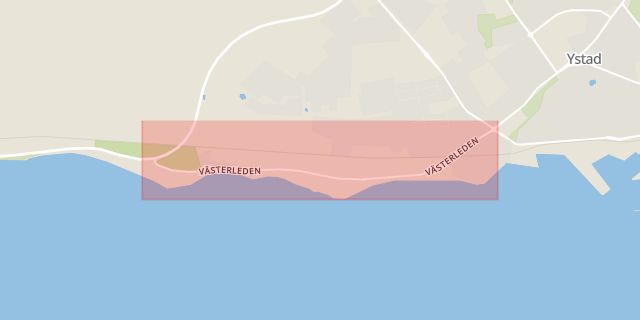 Karta som med röd fyrkant ramar in Västerleden, Ystad, Skåne län