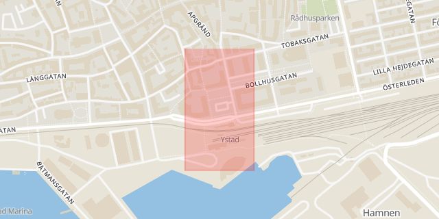 Karta som med röd fyrkant ramar in Sankt Knuts Torg, Ystad, Skåne län