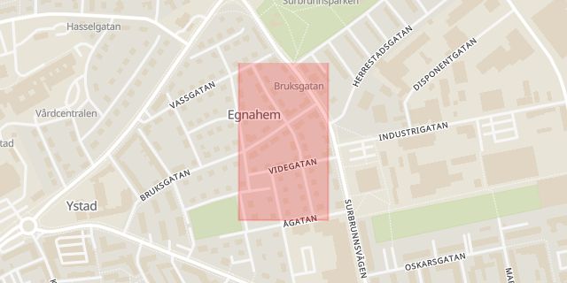 Karta som med röd fyrkant ramar in Skolgatan, Ystad, Skåne län