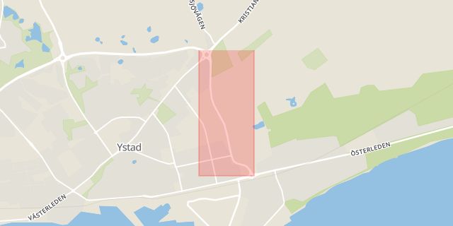 Karta som med röd fyrkant ramar in Dragongatan, Ystad, Skåne län