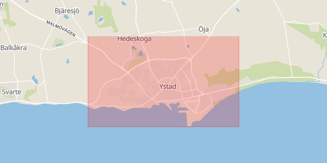 Karta som med röd fyrkant ramar in Ystads Kommun, Ystad, Skåne län