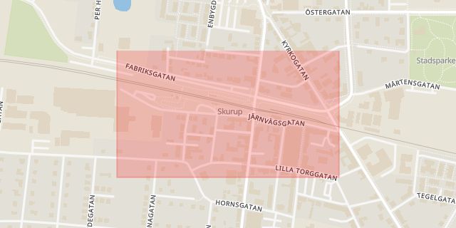 Karta som med röd fyrkant ramar in Järnvägsgatan, Skurup, Skåne län