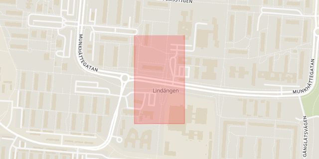 Karta som med röd fyrkant ramar in Lindängen, Munkhättegatan, Lindängsplan, Lindängsvägen, Malmö, Skåne län