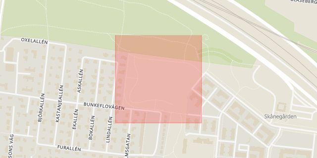 Karta som med röd fyrkant ramar in Bunkeflostrand, Skräddarebyn, Malmö, Skåne län