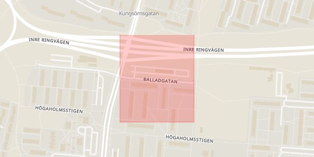 Karta som med röd fyrkant ramar in Balladgatan, Malmö, Skåne län