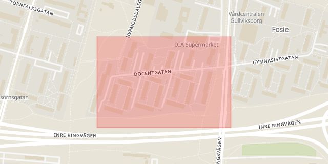Karta som med röd fyrkant ramar in Docentgatan, Malmö, Skåne län