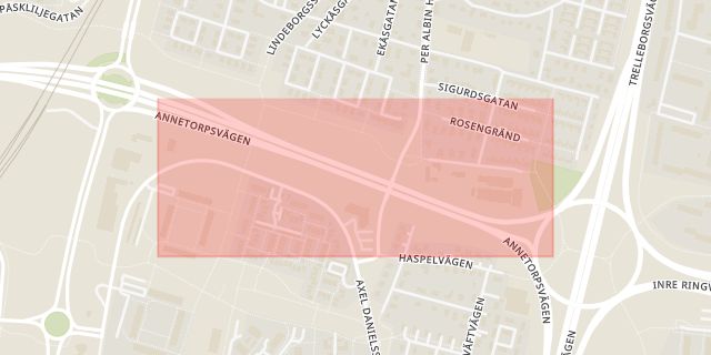 Karta som med röd fyrkant ramar in Trafikplats Lindeborg, Inre Ringvägen, Malmö, Skåne län