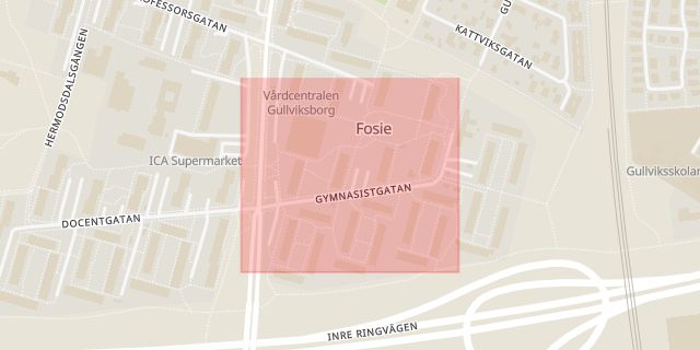 Karta som med röd fyrkant ramar in Gymnasistgatan, Malmö, Skåne län
