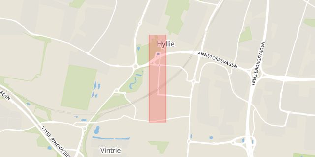 Karta som med röd fyrkant ramar in Hyllie, Hyllie Boulevard, Malmö, Skåne län