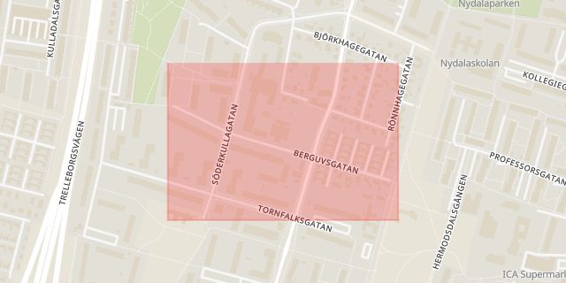 Karta som med röd fyrkant ramar in Berguvsgatan, Malmö, Skåne län