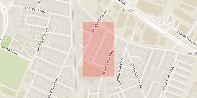 Karta som med röd fyrkant ramar in Lövviksgatan, Malmö, Skåne län