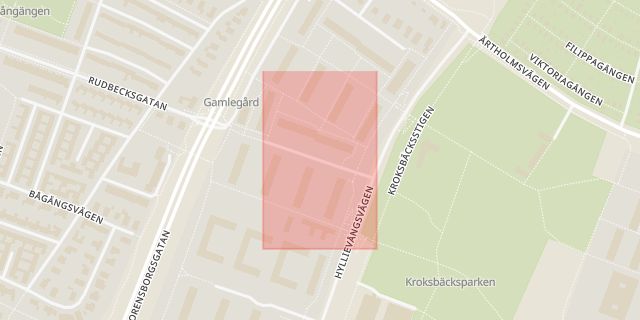 Karta som med röd fyrkant ramar in Kroksbäck, Norrbäcksgatan, Malmö, Skåne län