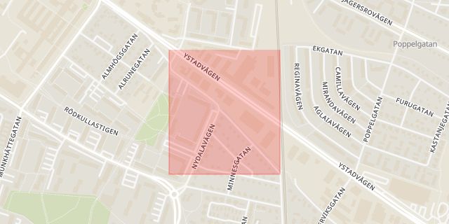 Karta som med röd fyrkant ramar in Västra Hindbyvägen, Malmö, Skåne län