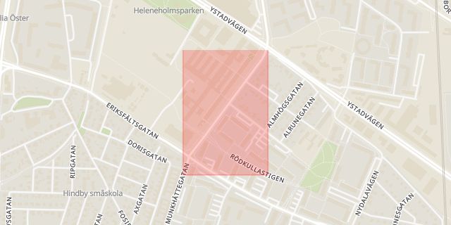 Karta som med röd fyrkant ramar in Almhög, Munkhättegatan, Malmö, Skåne län
