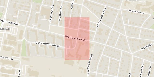 Karta som med röd fyrkant ramar in Limhamn, Hyllie Kyrkoväg, Grönalundsgatan, Malmö, Skåne län